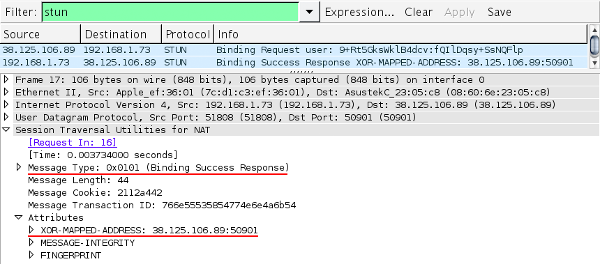 WireShark capture of a peer-to-peer STUN binding request and response