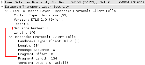 DTLS handshake records carry sequence and fragment offsets