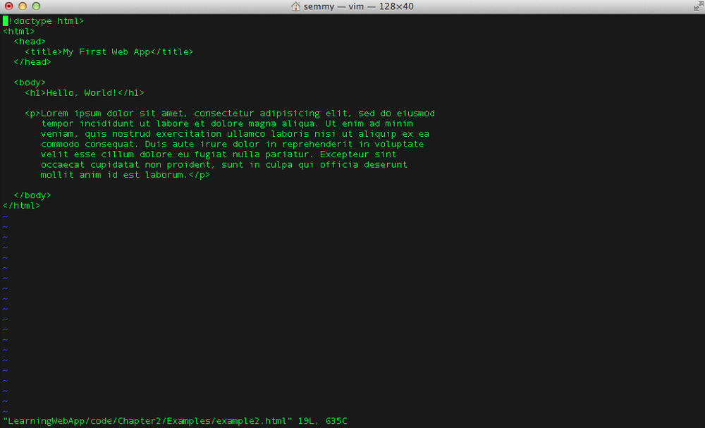 An HTML document opened in Vim