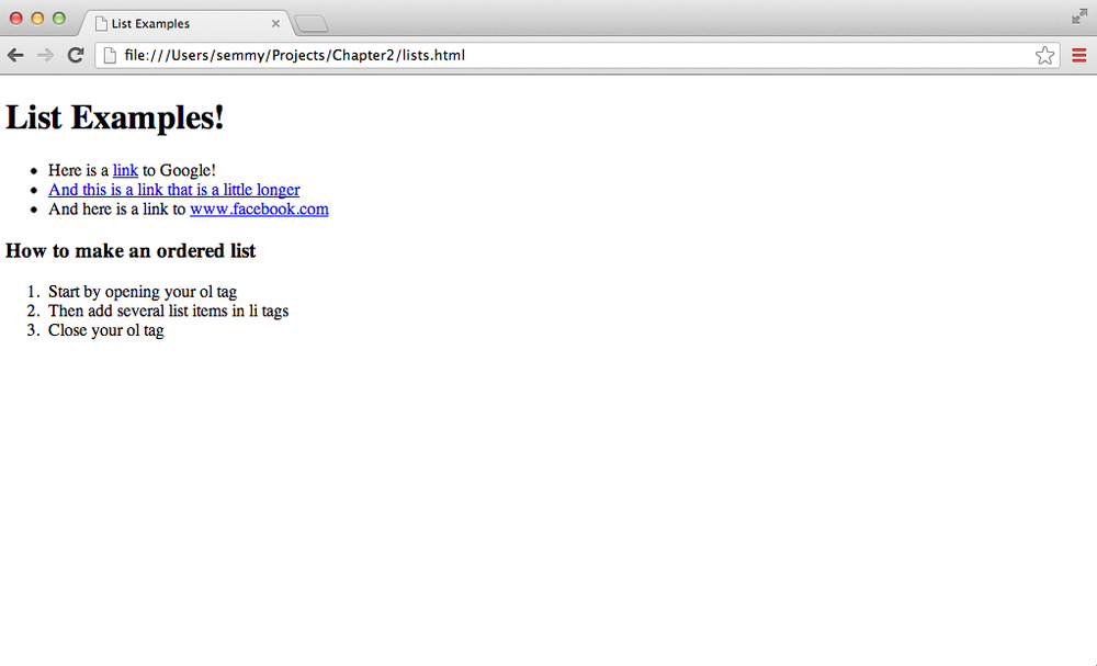 A page with an unordered and ordered list