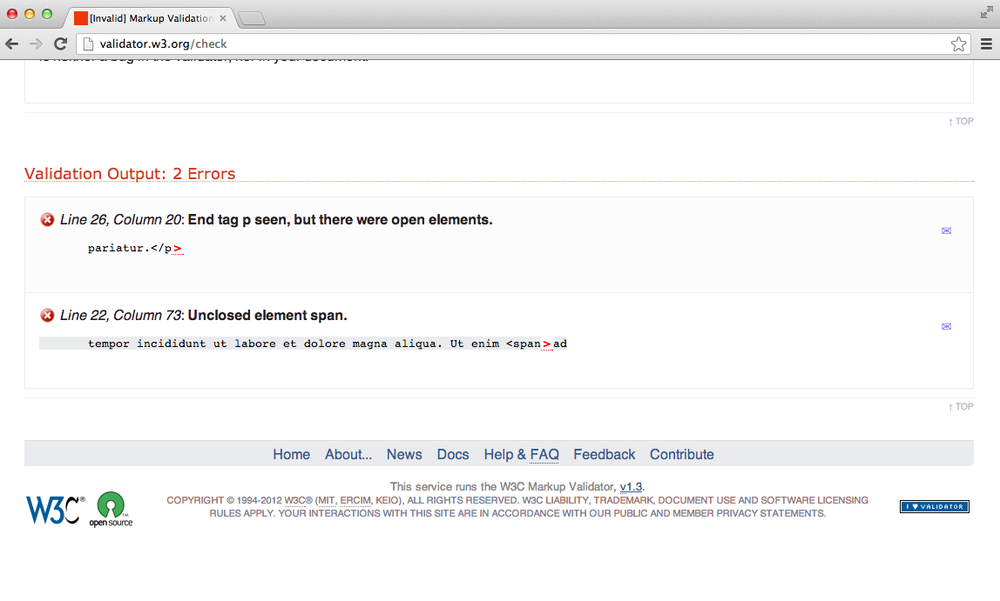 The W3C’s HTML validator showing our errors