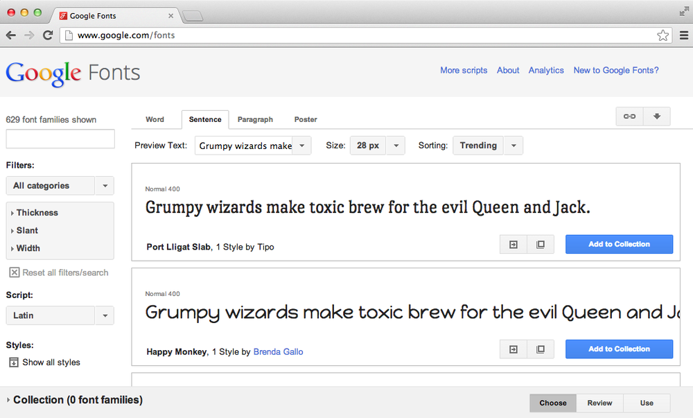 The Google Fonts homepage
