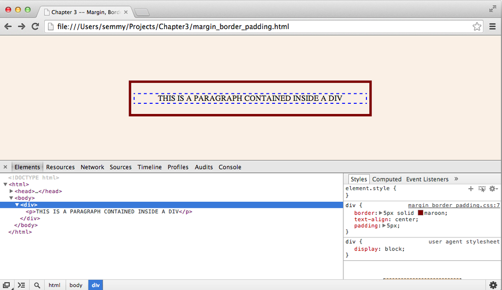 The main div is selected and you can see the associated style ruleset on the right.
