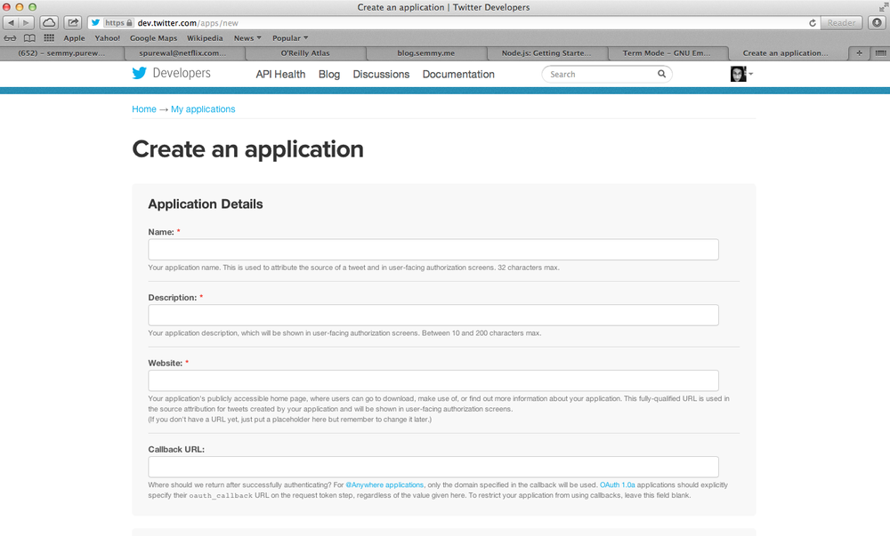 The form you use to create a Twitter application!