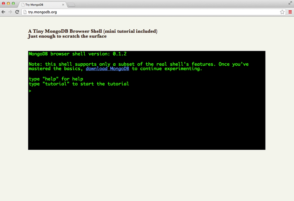 The homepage of the interactive MongoDB tutorial.