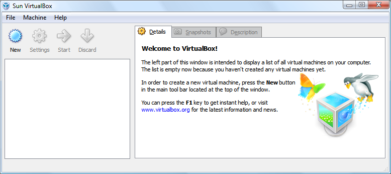 The VirtualBox main screen