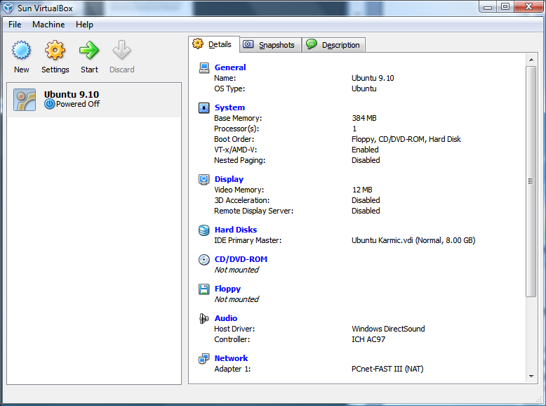 The virtual machine Ubuntu 9.10 is now created