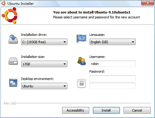 The Wubi installation screen