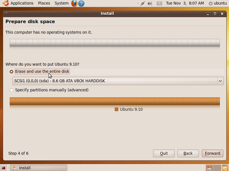 The disk partition screen