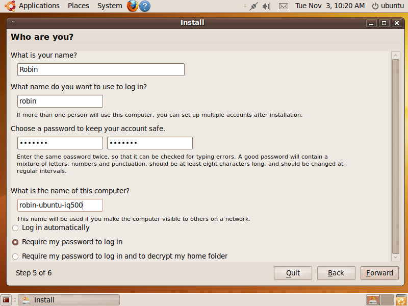 The user details installation screen