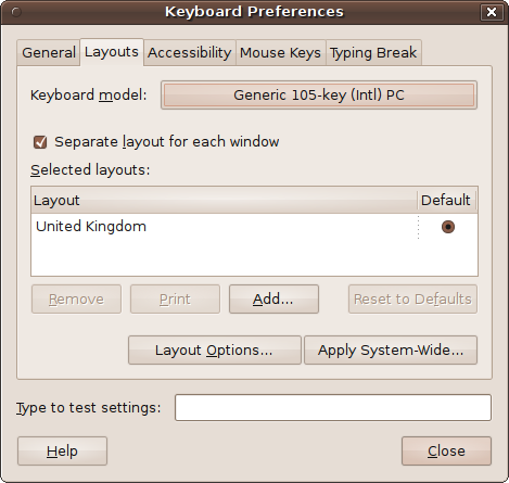 The Layouts tab showing a UK keyboard