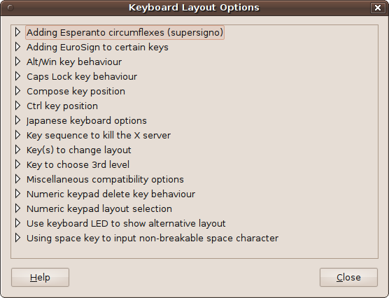 The Keyboard Layout Options dialog allows configuring down to the minutest detail