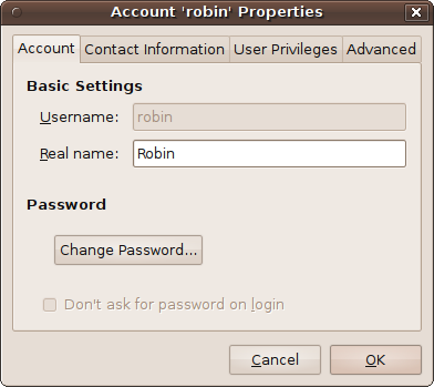 The Account Properties window for user “robin”