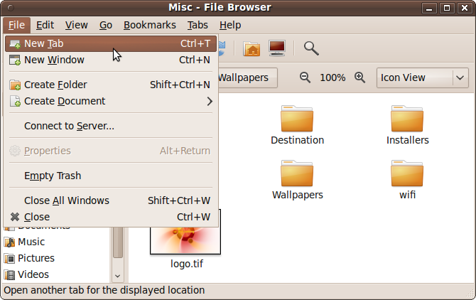 The file browser basic File menu