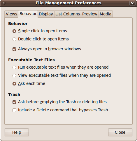 The File Management Preferences Behavior tab