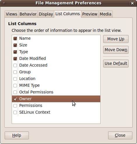 The File Management Preferences List Columns tab