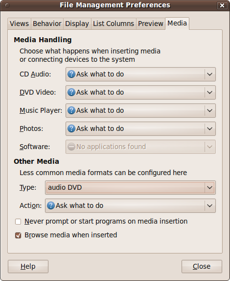 The File Management Preferences Media tab