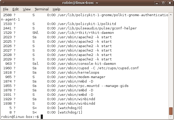 The result of the ps -ax command sorted at column 5