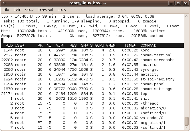 Using the top command to view running processes