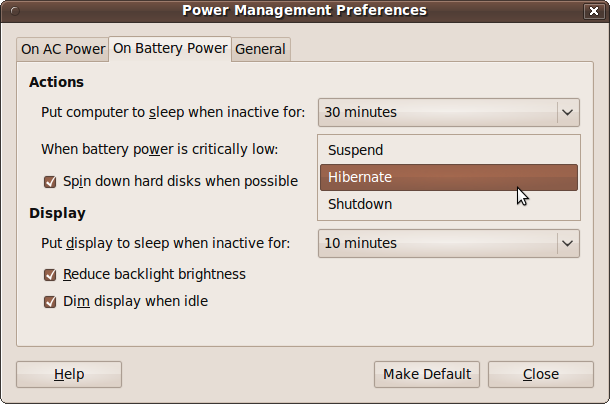 The On Battery Power tab