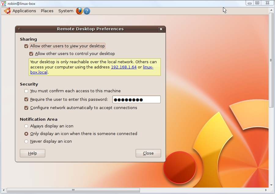 An Ubuntu desktop displayed on Windows via VNC