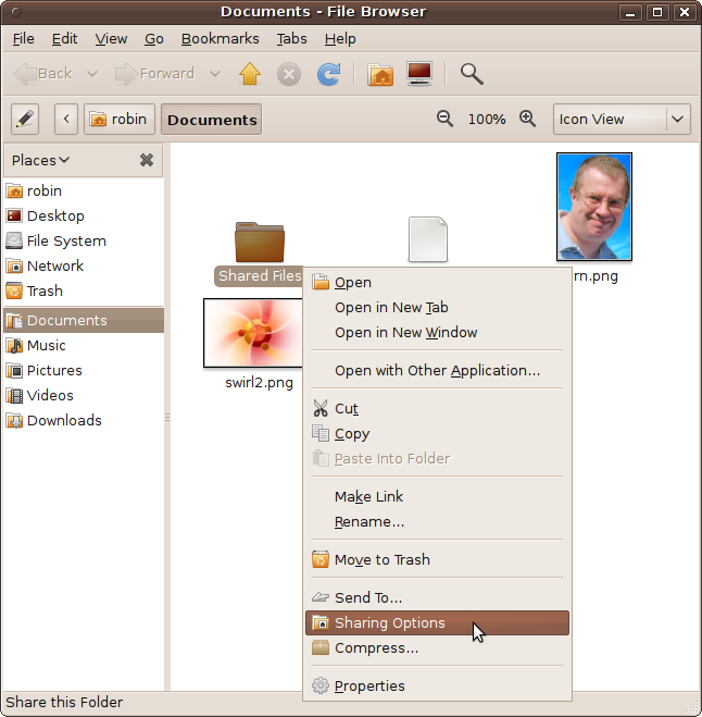 Selecting a folder’s Sharing options