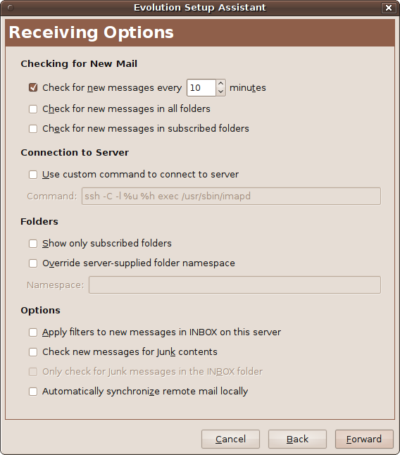 Setting the various receive options