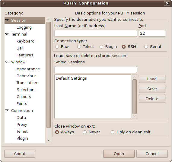 The PuTTY main screen