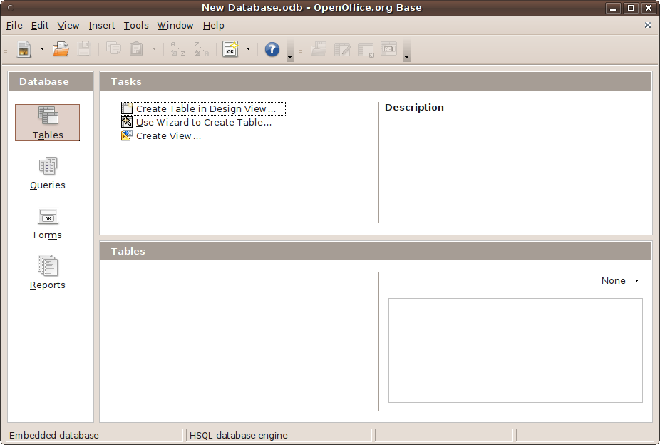The OpenOffice.org Base main screen