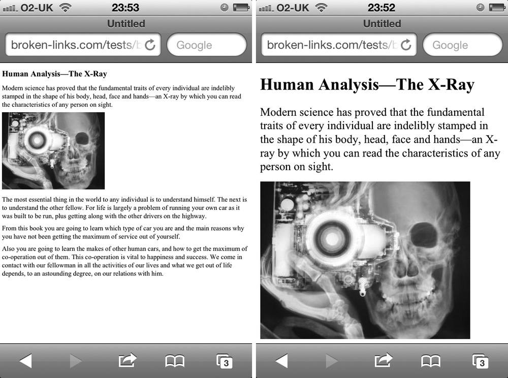 The same page displayed on an iPhone before (left) and after (right) the application of the viewport meta tag