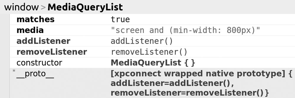 The result of running a matchMedia() query in the console of Firebug