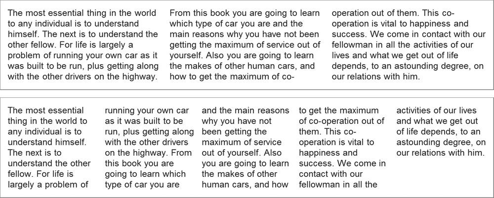 Comparing columns laid out using the column-count (top) and column-width properties (bottom)