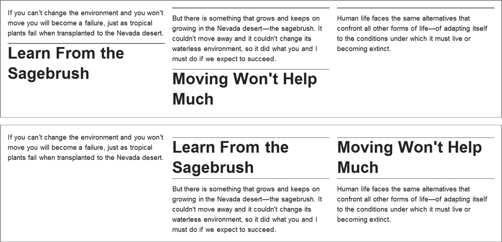 The effects of the column value on the break-before property are clearly shown in the lower example.