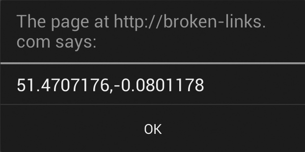 Coordinates obtained through the geolocation object, referencing the street I live on; please don’t stalk me.