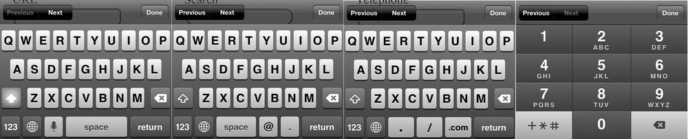 The sympathetic soft keyboard on iPhone, optimized for (from left to right) text, email, url, and tel input types