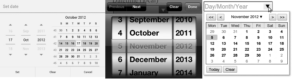 The native date-picker widget on the Chrome for Android tablet (left), the iPhone (center), and the Chrome desktop (right)