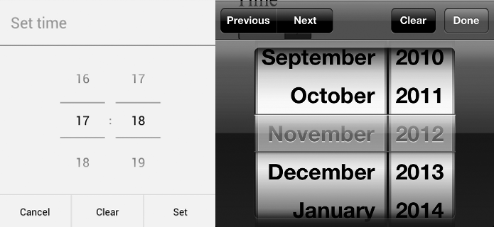 A time picker on Chrome for Android (left) and a month picker for iPhone (right)