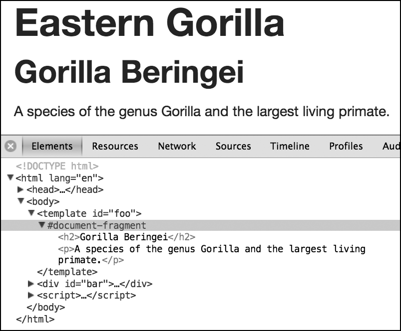 The code inspector shows the contents of the template element, which exists outside the regular DOM.