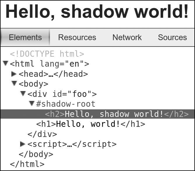 The shadow root is clearly marked in the DOM tree.