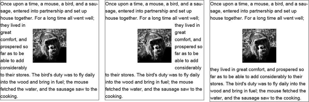 Content flows on different sides of the exclusion element as various values are applied to wrap-flow.