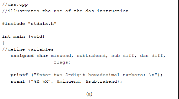 Figure showing program to illustrate the application of the DAS instruction: (a) the program and (b) the outputs.