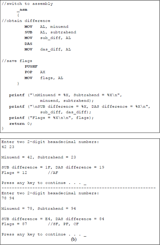 Figure showing program to illustrate the application of the DAS instruction: (a) the program and (b) the outputs.