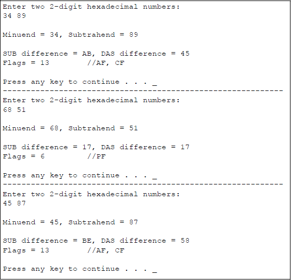 Figure showing program to illustrate the application of the DAS instruction: (a) the program and (b) the outputs.