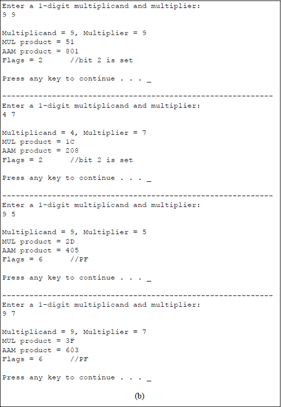 Figure showing program to illustrate the use of the AAM instruction: (a) the program and (b) the outputs.