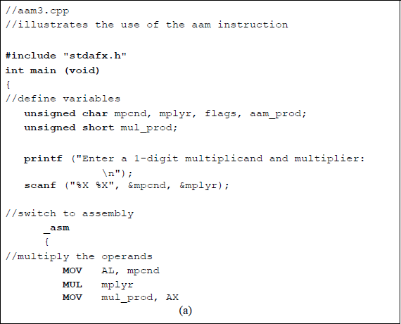 Figure showing program to illustrate the use of the AAM instruction to obtain a packed BCD product: (a) the program and (b) the outputs.