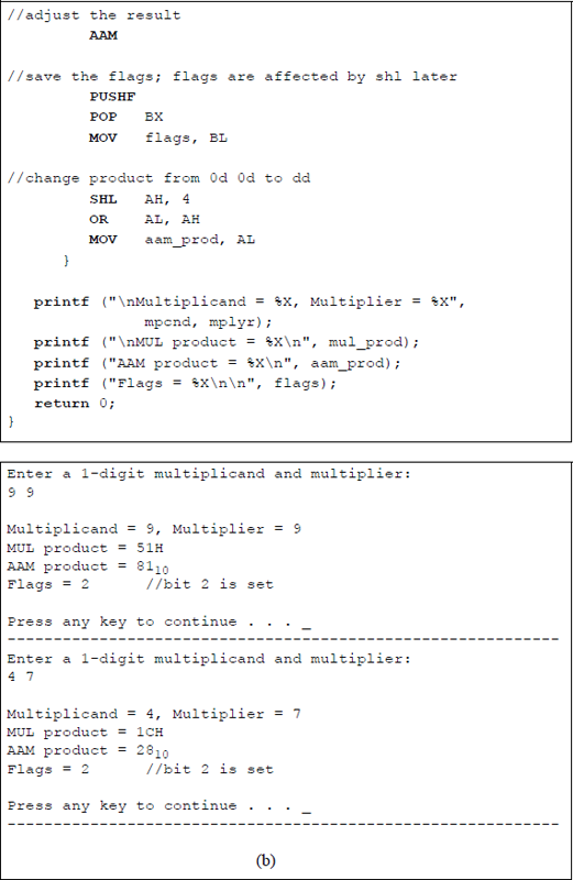 Figure showing program to illustrate the use of the AAM instruction to obtain a packed BCD product: (a) the program and (b) the outputs.