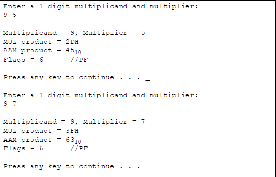 Figure showing program to illustrate the use of the AAM instruction to obtain a packed BCD product: (a) the program and (b) the outputs.
