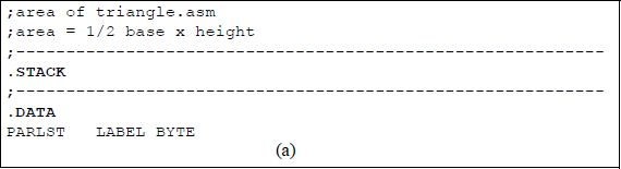 Figure showing calculate the area of a triangle using the MUL and AAM instructions: (a) the program and (b) the outputs.