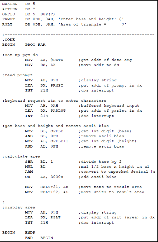 Figure showing calculate the area of a triangle using the MUL and AAM instructions: (a) the program and (b) the outputs.