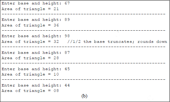 Figure showing calculate the area of a triangle using the MUL and AAM instructions: (a) the program and (b) the outputs.